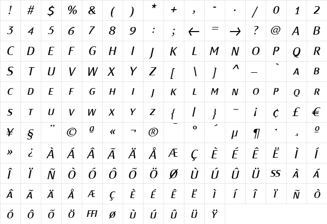 MondialPlus Light Italic Caps Regular  glyph index
