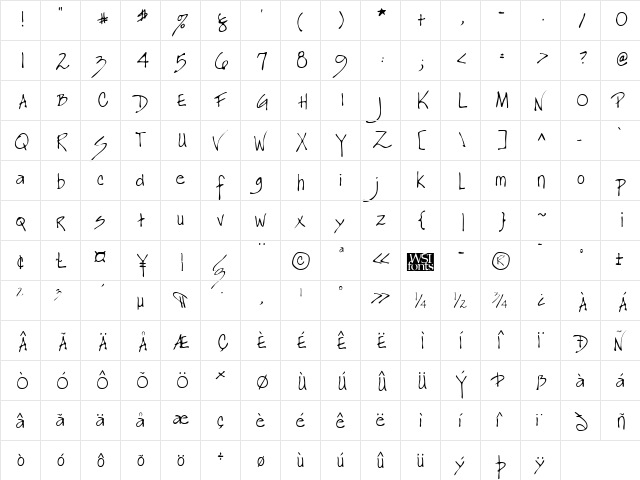 KianasHand Regular  glyph index