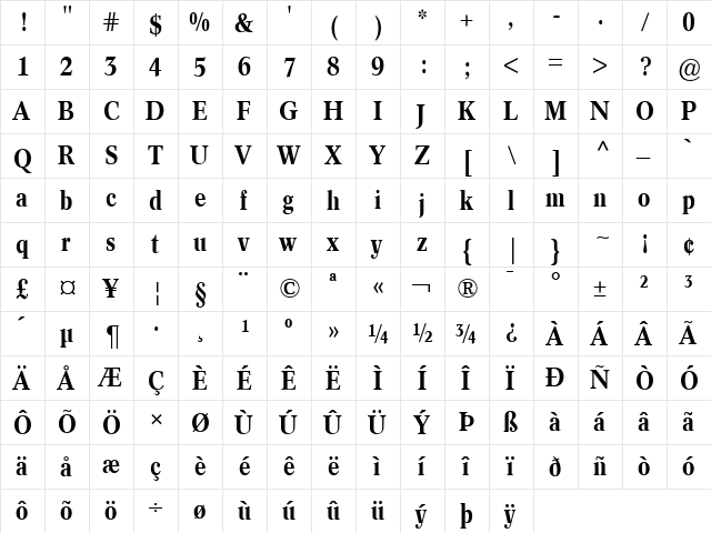 Concorde BE Bold  glyph index