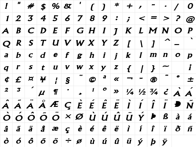 Flair Wide BoldItalic  glyph index