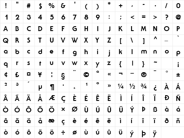 UbiqGothicBlackSSK Regular  glyph index