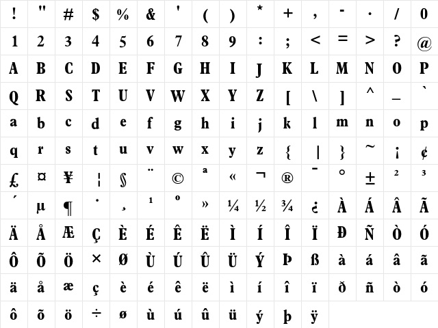 Plantin Bold Condensed  glyph index