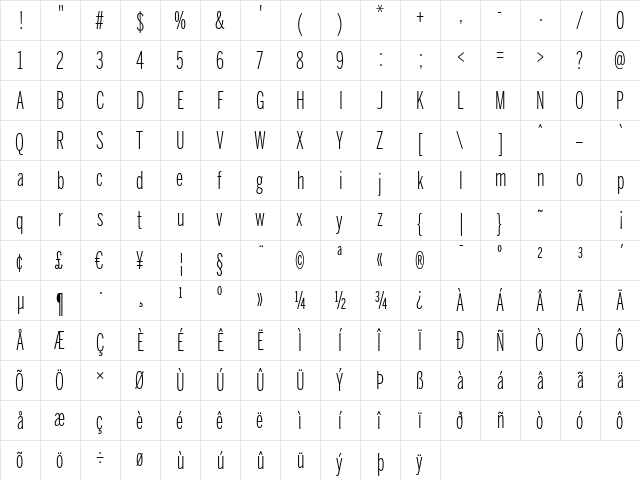 BentonSans ExtraComp Light Regular  glyph index