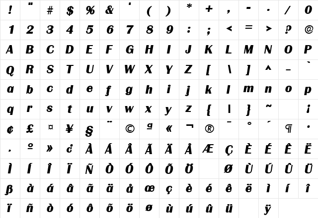 GrenobleLH Bold Italic  glyph index