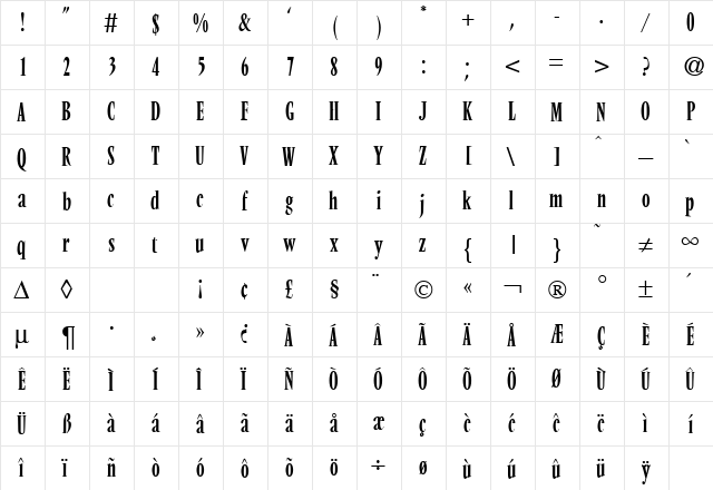 VendomeCondTwo DB Regular  glyph index