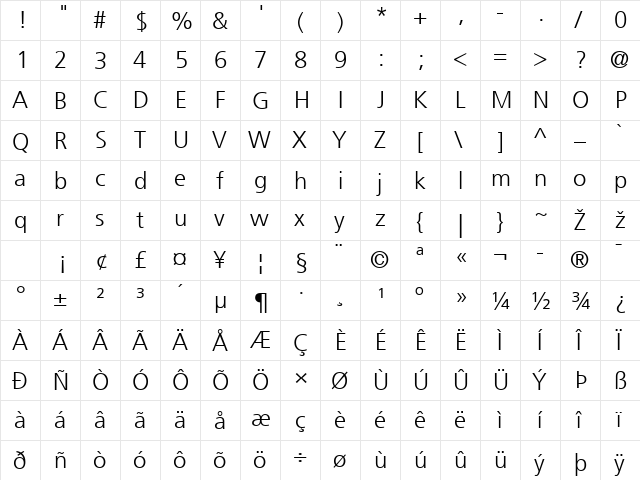 Frutiger LT 45 Light Regular  glyph index