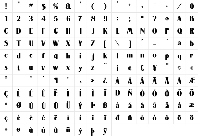 Massenet XBold Bold  glyph index