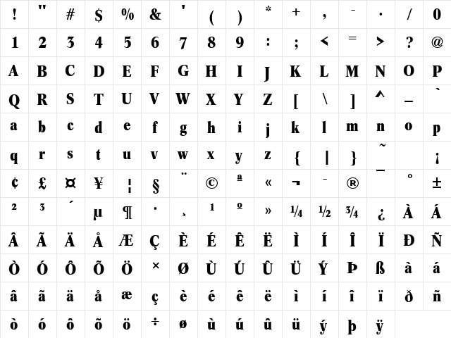 URWCordeliaTCon Bold  glyph index