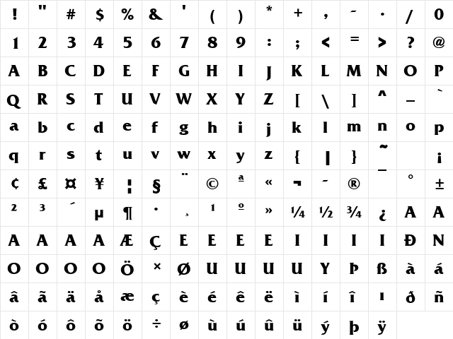 Friz Quadrata ITC T Bold  glyph index