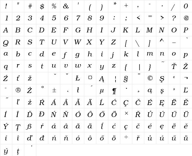 BookmanItcTEELig Italic  glyph index