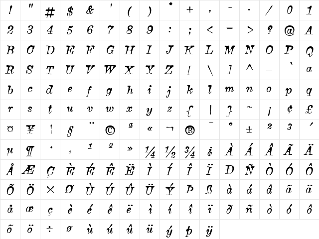 Bonsai Regular  glyph index