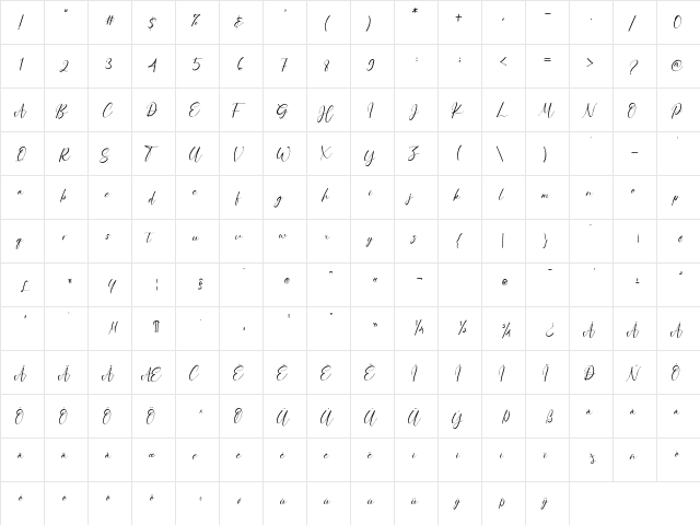 CharlotteBella Regular  glyph index