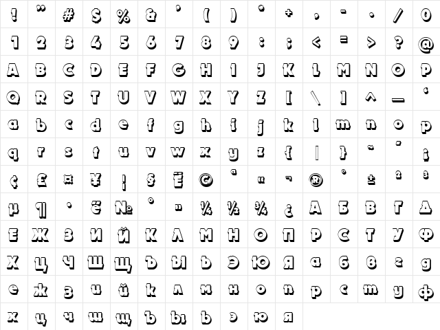 DynarShadow Bold  glyph index