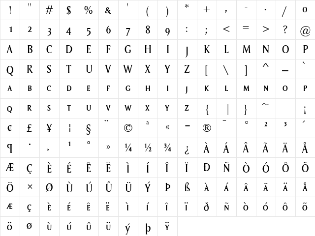 Saga SmallCaps Regular  glyph index