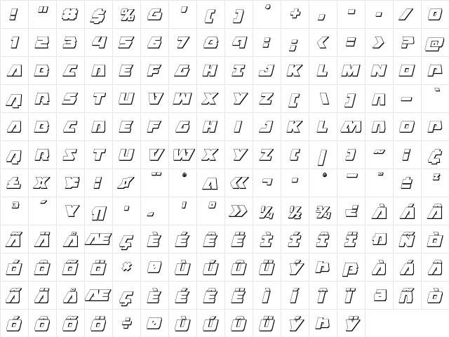 Eagle Strike 3D Italic Italic  glyph index