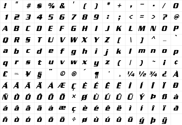 Enter Sansman Italic  glyph index