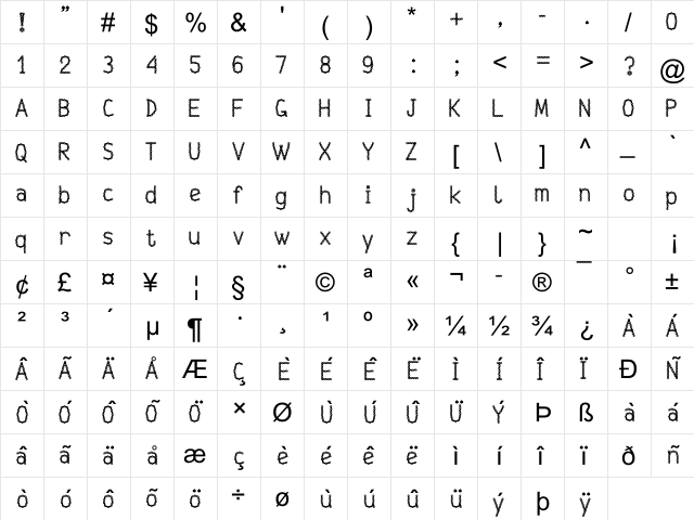 Wiponielintizer150 Regular  glyph index