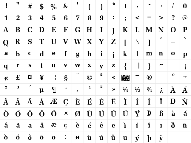 Memoir Bold  glyph index