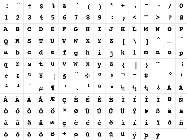 Courier10 BT Bold  glyph index