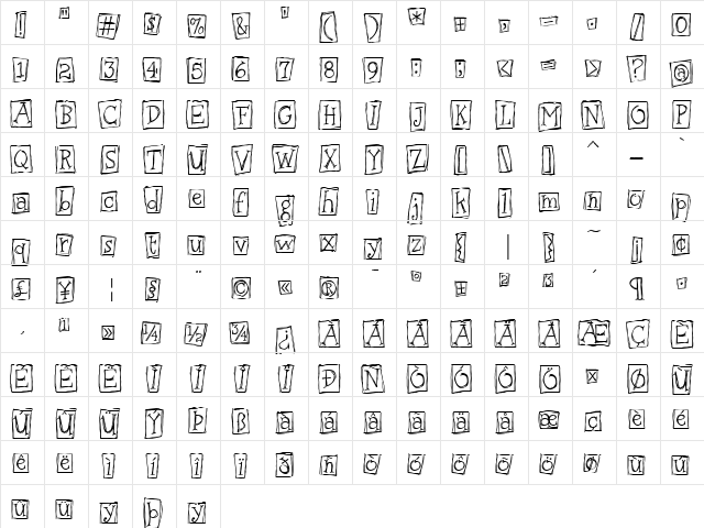Urban Scrawl Boxed Regular  glyph index