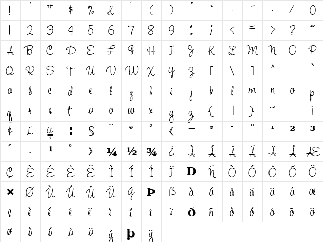 HandWriting53 Bold  glyph index