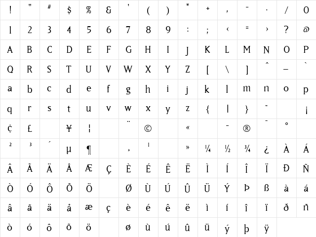 MatrixBookLining Regular  glyph index