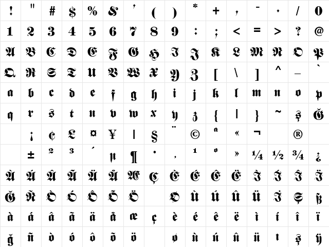 Frankenstein Plain  glyph index