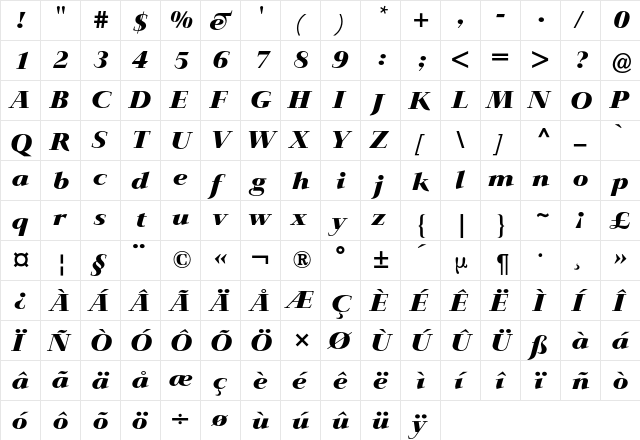 Jaeger-Antiqua BQ Regular  glyph index