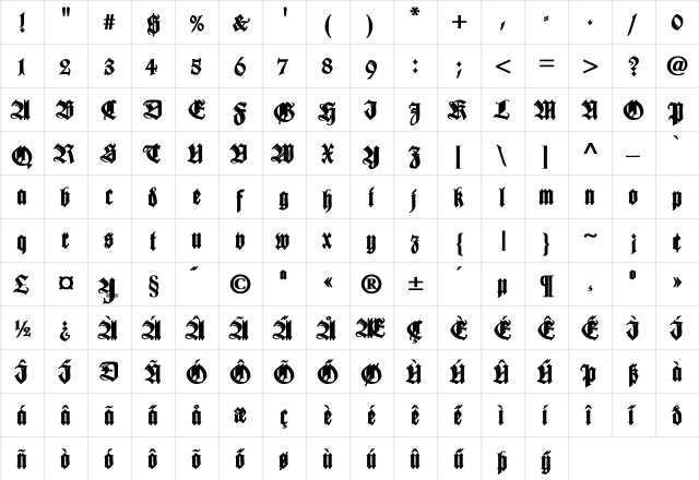WilhelmKlingsporGotisch Bold Regular  glyph index