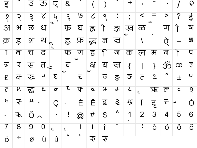 BharatVani Wide Font Regular  glyph index