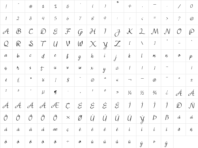 Juliyeta Regular  glyph index