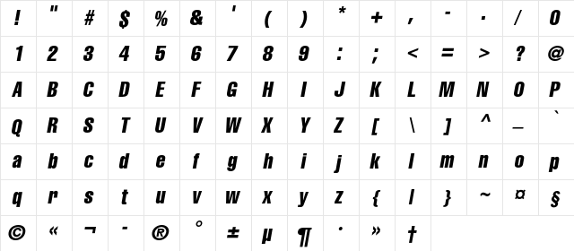 AGLettericaCompressedC Italic  glyph index