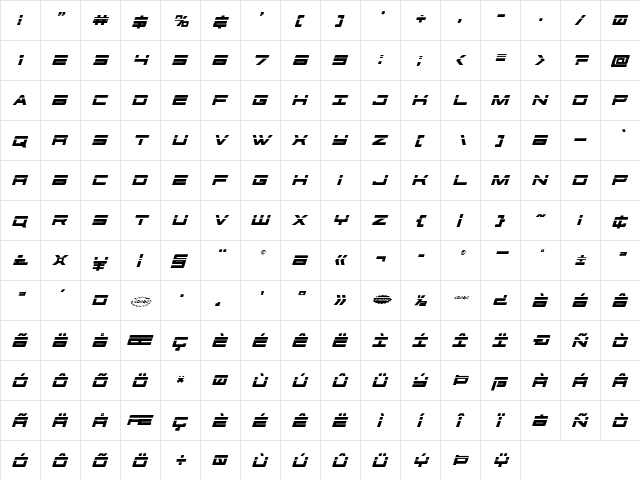 Future Forces Laser Italic Italic  glyph index