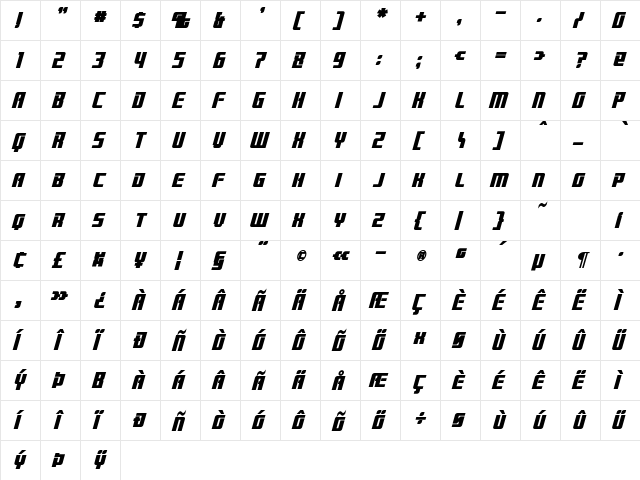 Brainstorm Bold Italic  glyph index