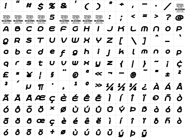 Roona Sans Black PERSONAL Italic  glyph index