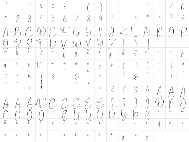 Dashinta Regular  glyph index