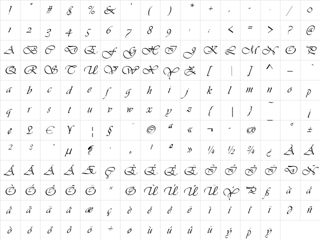 Visalia-Osf Regular  glyph index