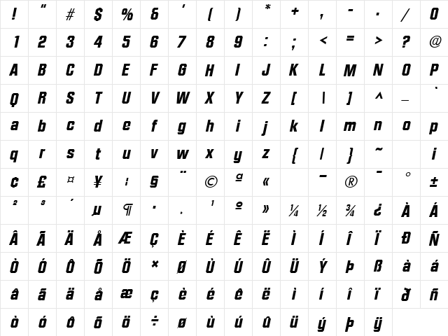 Rap Italic  glyph index