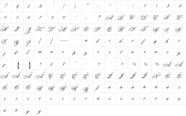 Flemish Script II AT Regular  glyph index