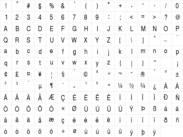 Helsinki Narrow Regular  glyph index