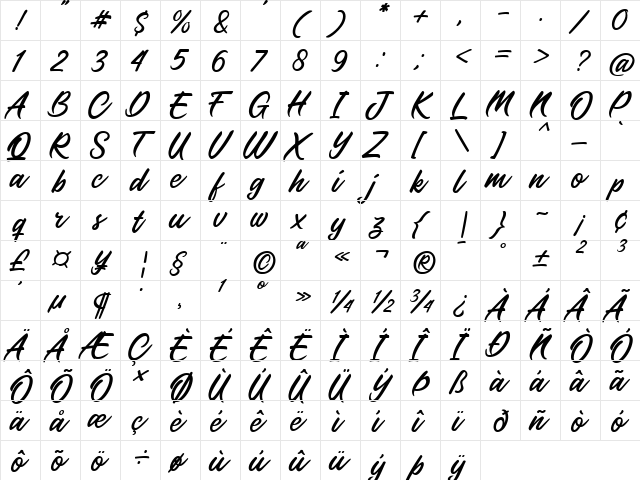 Galloped Regular  glyph index