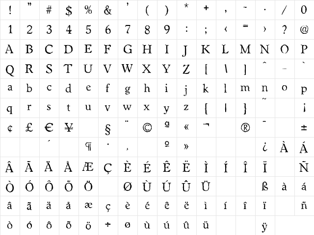 WorcesterAntique Regular  glyph index