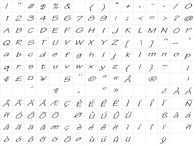 Tekton Ex italic Italic  glyph index