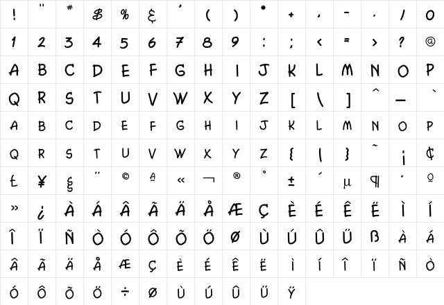Comic Book  glyph index