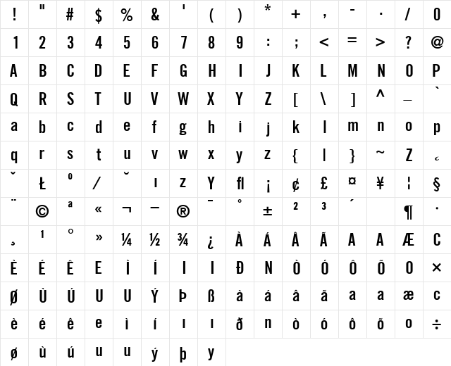 Commerce-Condensed Bold  glyph index