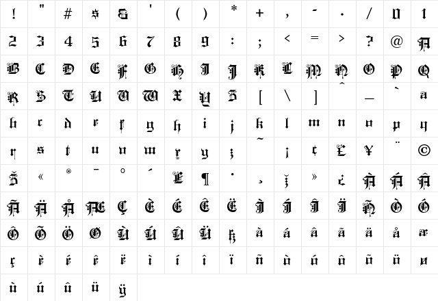 KingsCross Regular  glyph index