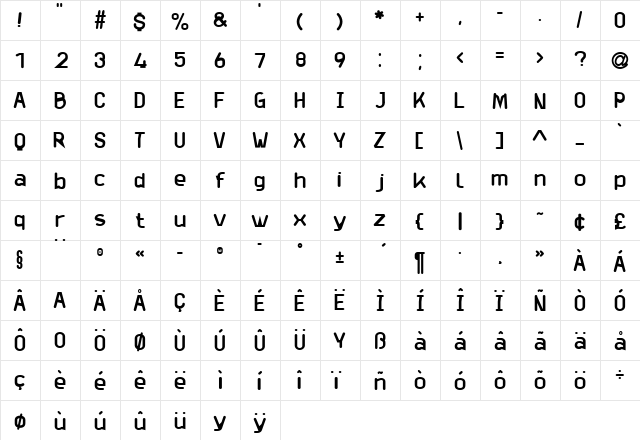 Launderette Regular  glyph index