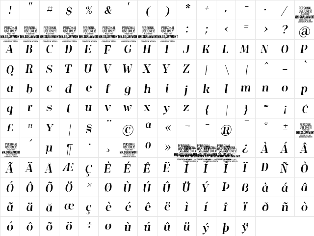 Jaymont PERSONAL Medium Italic  glyph index
