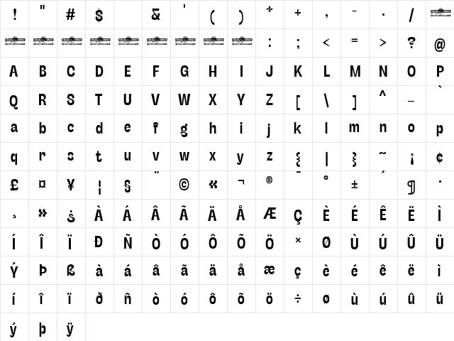 Stinger Slim Trial Bold  glyph index