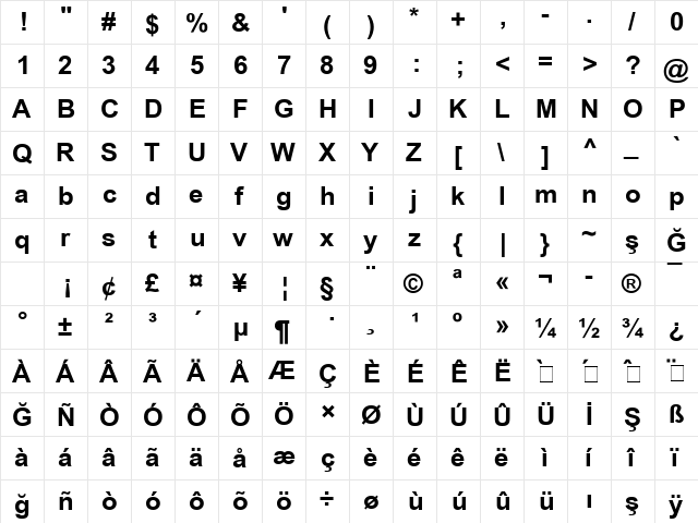 Arial2 Bold Turkce  glyph index